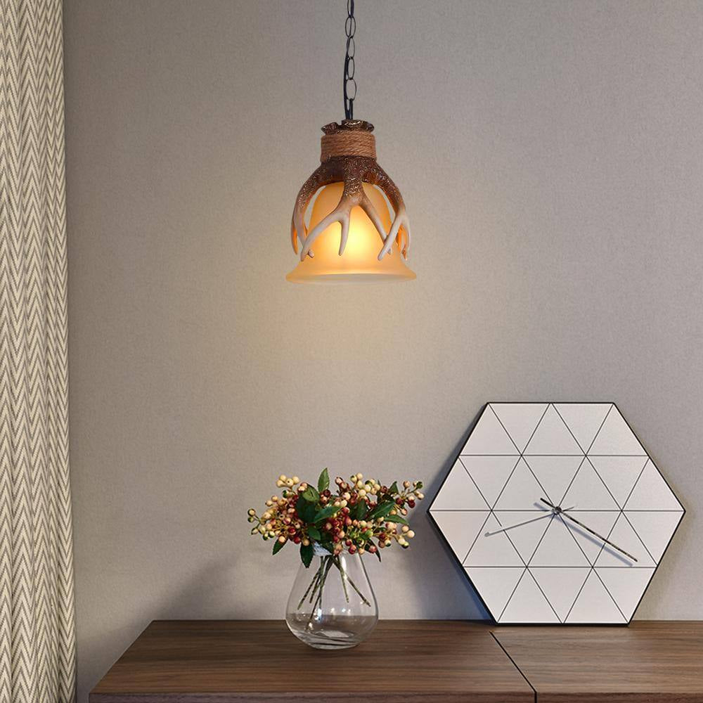 60-Watt 1 Light Brown Retro Resin Antler Pendant Light with Shade, No Bulbs Included