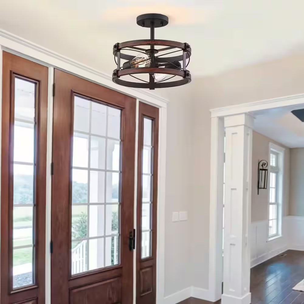 Richwood 15 In. 2-Light Black and Vintage Wood Rustic Semi-Flush Mount Ceiling Light