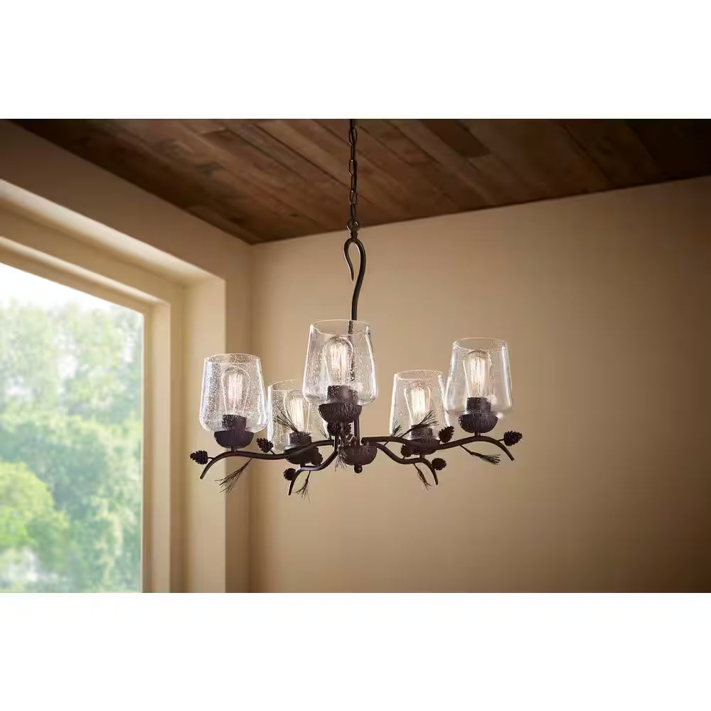 Spruce Lodge 5-Light Handmade Finish Pinecone Chandelier with Cear Seeded Glass Shade