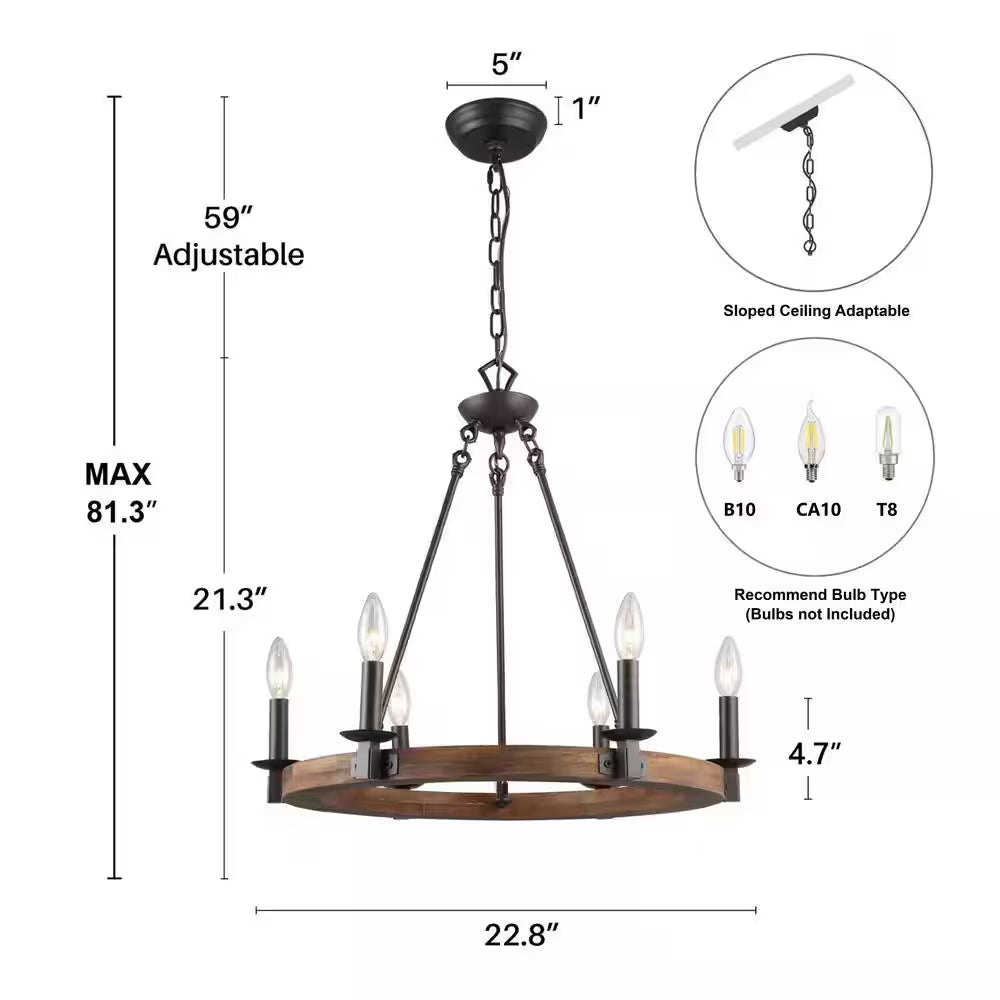 Farmhouse Wagon Wheel Chandelier, 6-Light Distressed Wood Circle Island Light, Rustic Bronze Dining Room Pendant Light