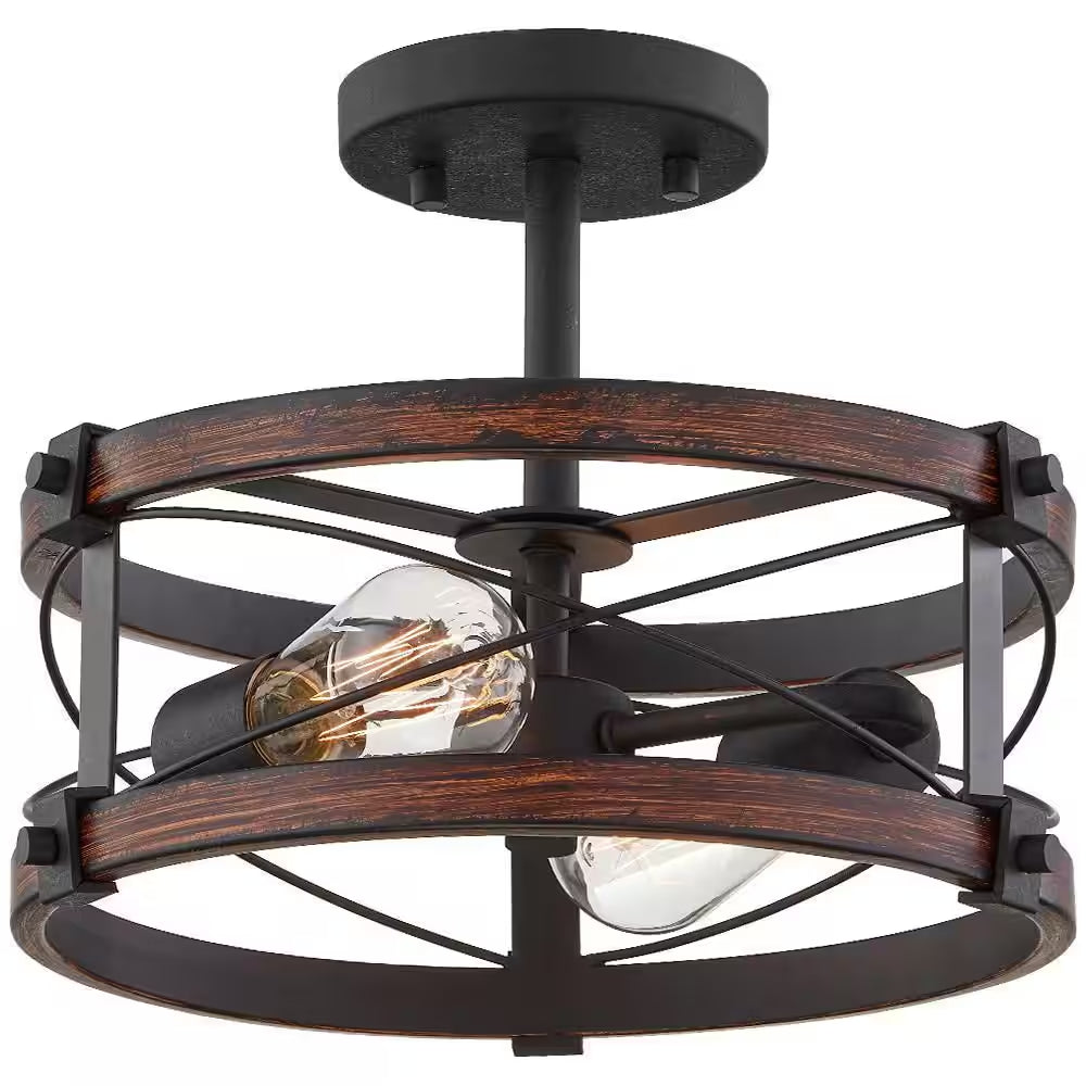 Richwood 15 In. 2-Light Black and Vintage Wood Rustic Semi-Flush Mount Ceiling Light