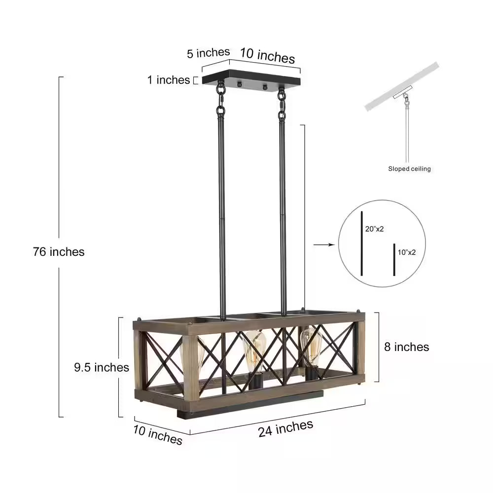 Farmhouse Wood 3-Light Black Chandelier Modern Rustic Linear Rectangle Cage Dining Room Kitchen Island Chandelier