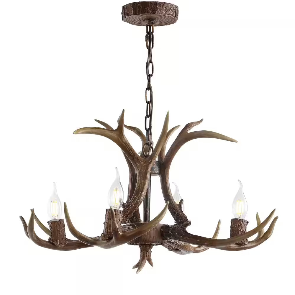 Eldora 26 In. Adjustable Resin Antler 4-Light Brown LED Chandelier