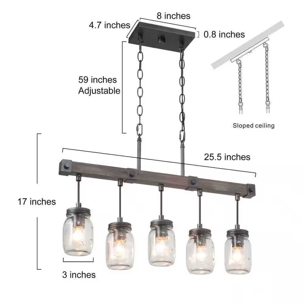 Morice Modern Farmhouse Linear Chandelier 5-Light Rustic Black Classic Mason Jar Island Pendant with Faux Wood Accent