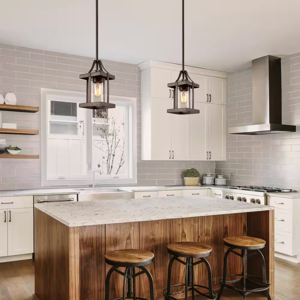 1-Light Rustic Caged Textured Dark Brown Farmhouse Pendant Light with Modern Clear Glass Shade and Antique Wood Accent
