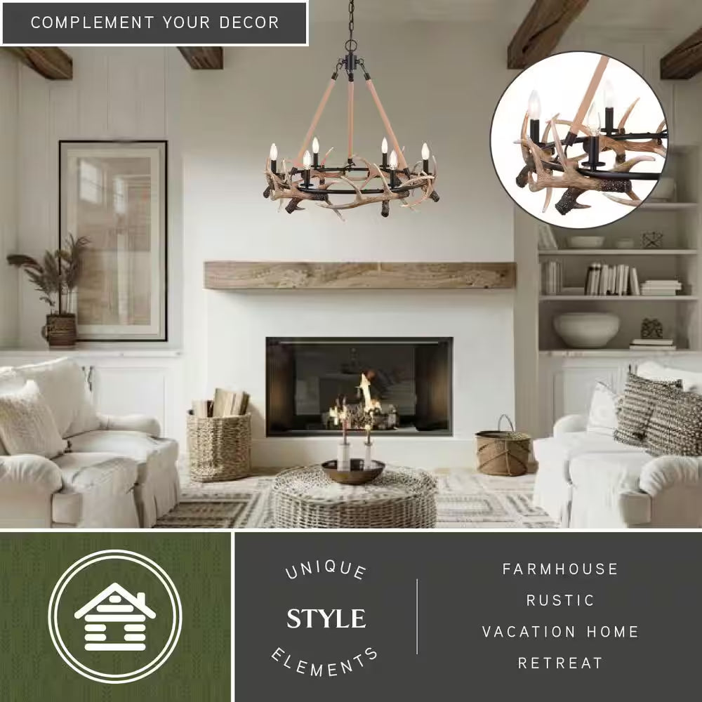 Breckenridge 6-Light Bronze Rustic Antler Chandelier Natural Rope Accent