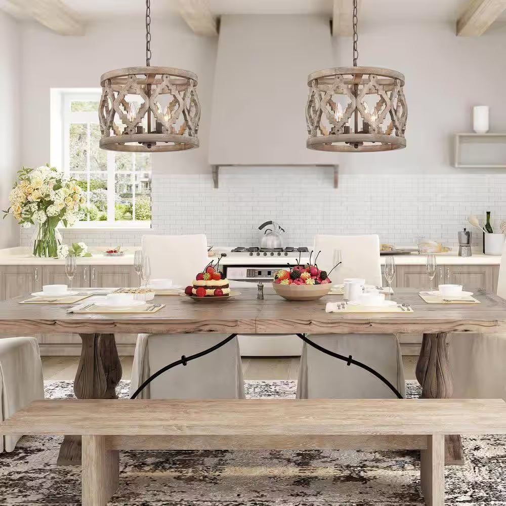 Rustic Bronze Farmhouse Drum Island Chandelier with Solid Wood Cage Shade Classic Candlestick Chandelier 4-Light Pendant