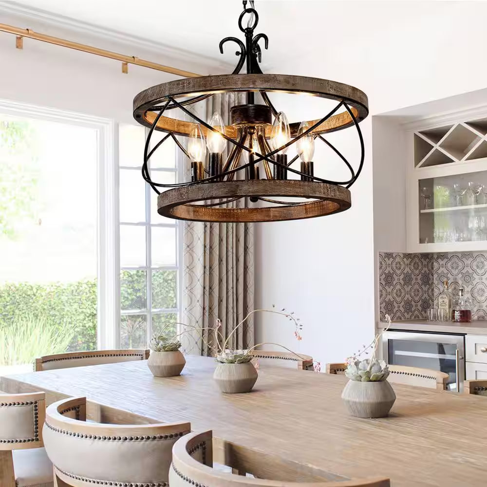 Farmhouse 5-Light Weathered Wood Cage Rustic Chandelier, Adjustable Height Industrial Pendant Dining Room Ceiling Light