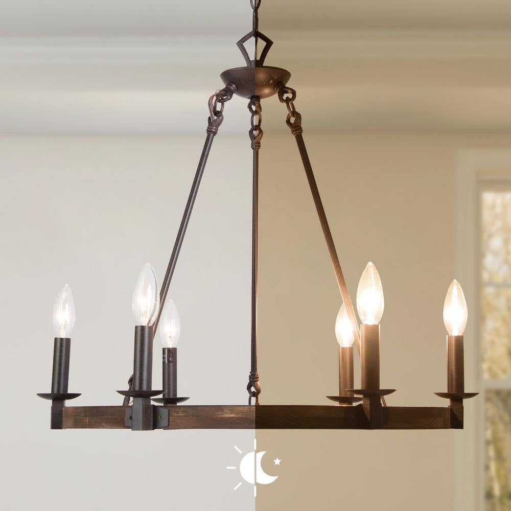 Farmhouse Wagon Wheel Chandelier, 6-Light Distressed Wood Circle Island Light, Rustic Bronze Dining Room Pendant Light