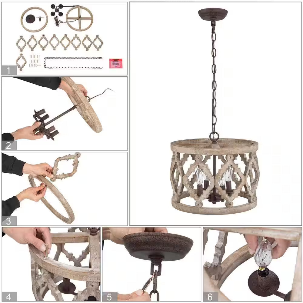 Rustic Bronze Farmhouse Drum Island Chandelier with Solid Wood Cage Shade Classic Candlestick Chandelier 4-Light Pendant