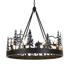 Lámpara de araña rústica de 8 luces con diseño de rueda de carro, color negro, ideal para comedor, sala de estar y vestíbulo.