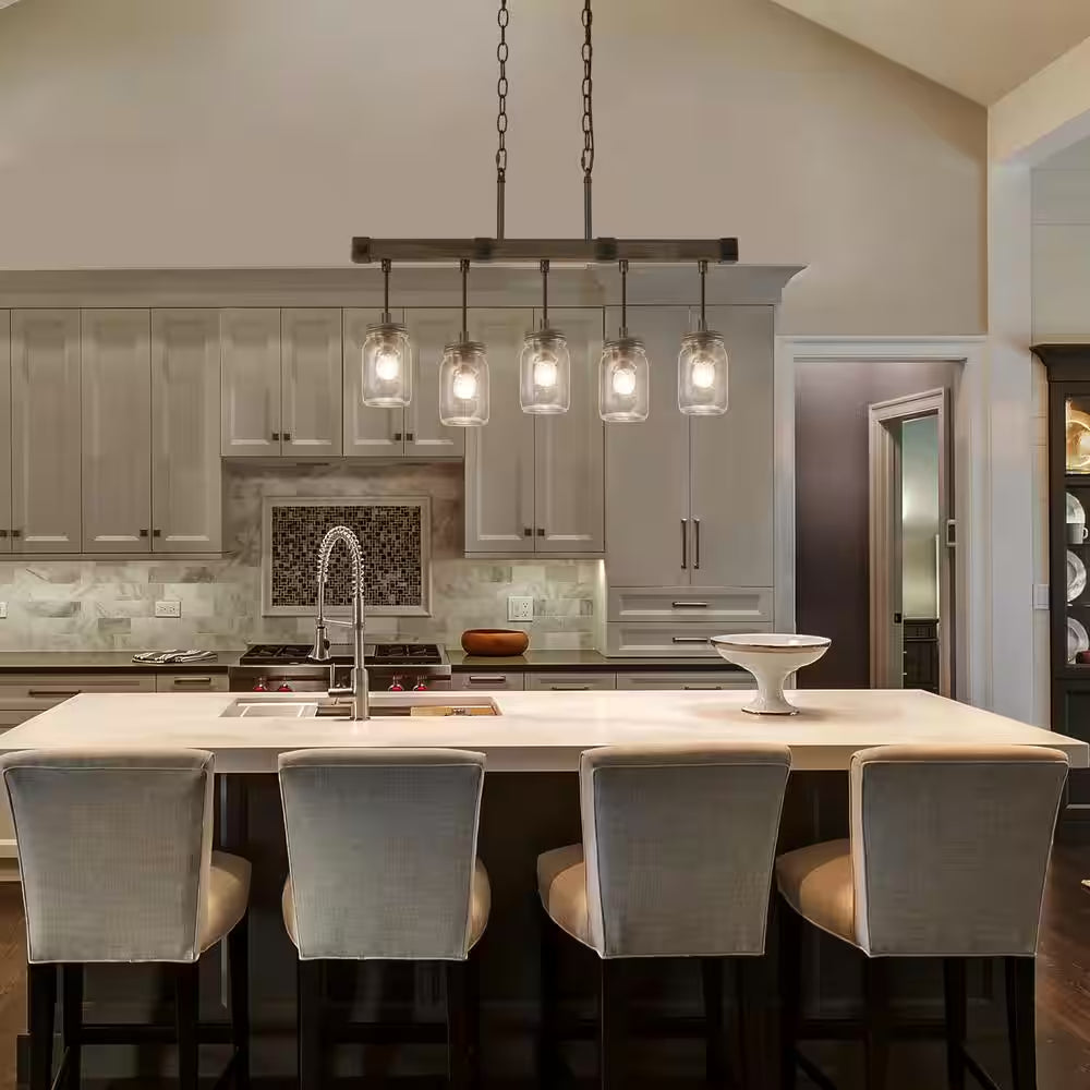 Morice Modern Farmhouse Linear Chandelier 5-Light Rustic Black Classic Mason Jar Island Pendant with Faux Wood Accent