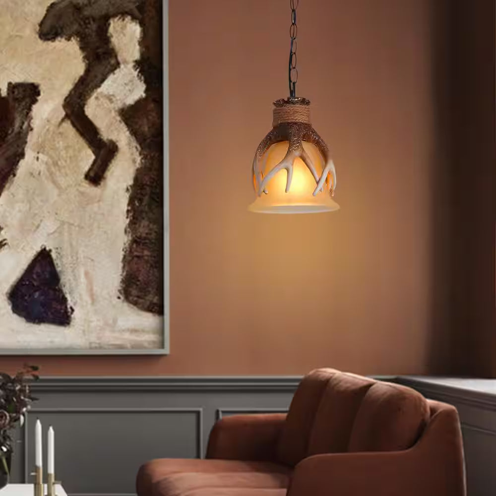 60-Watt 1 Light Brown Retro Resin Antler Pendant Light with Shade, No Bulbs Included