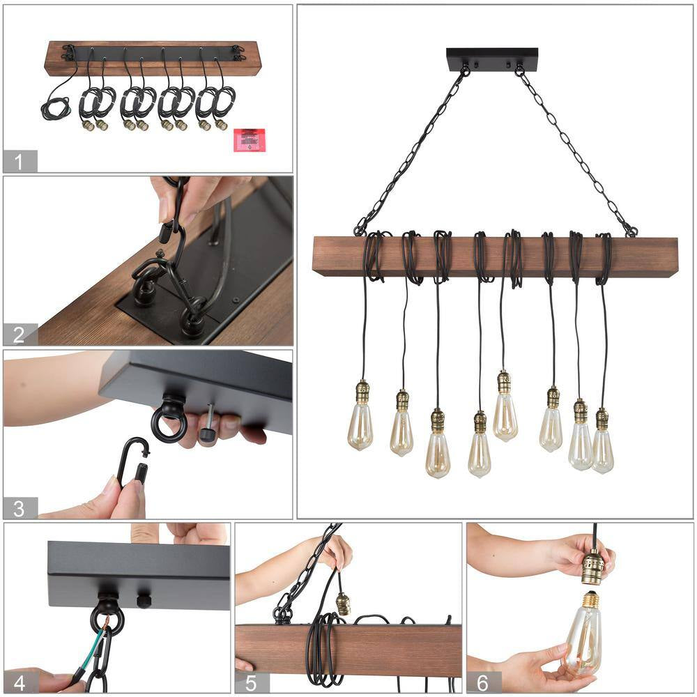 37.5 in 8-Light Farmhouse Black and Wooden Linear Chandelier Rustic Island Pendant for Dining Room, LED Compatible