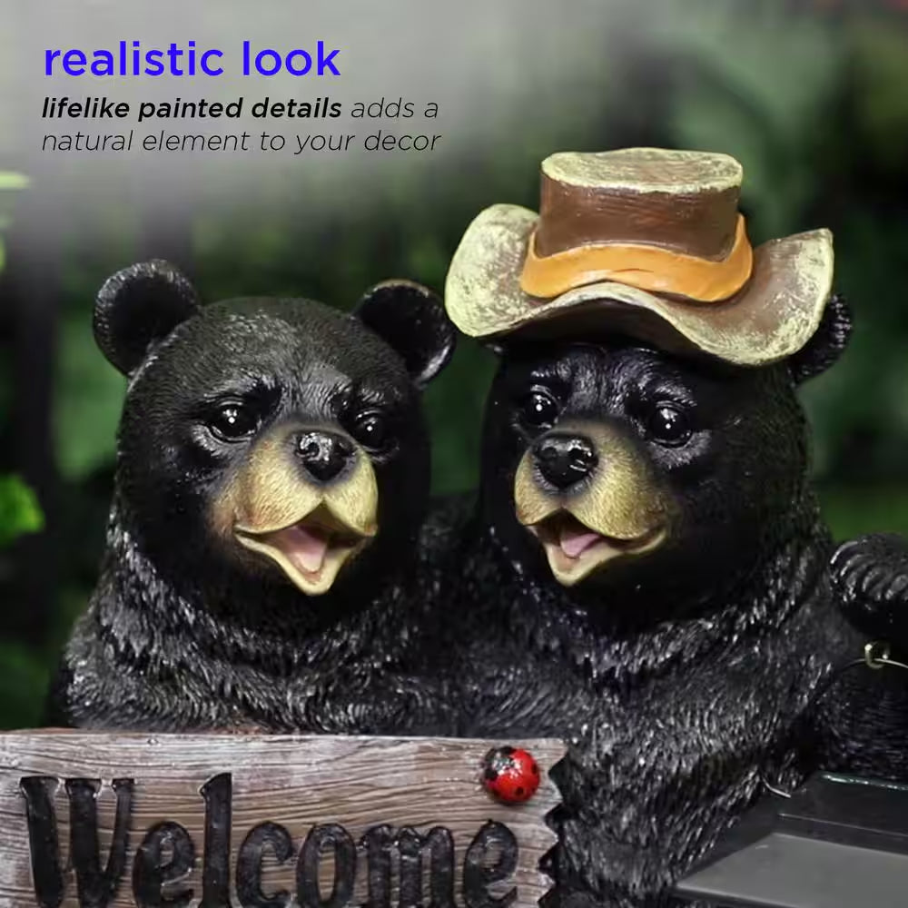 15 In. Tall Outdoor Bear Couple with Lantern and Welcome Sign Statue with Solar LED Light Yard Art Decoration