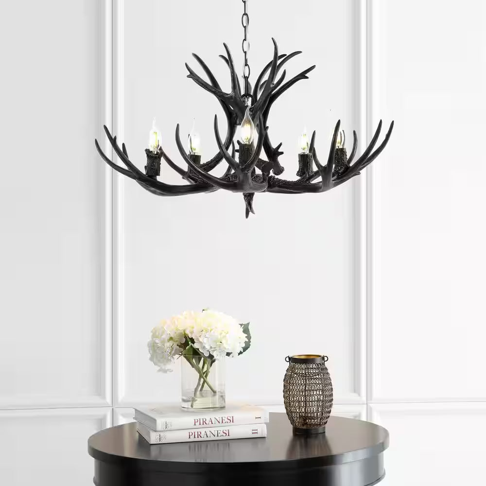 5-Light Black 30 In. Eldora Rustic Farmhouse Iron LED Chandelier