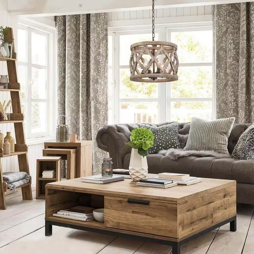 Rustic Bronze Farmhouse Drum Island Chandelier with Solid Wood Cage Shade Classic Candlestick Chandelier 4-Light Pendant