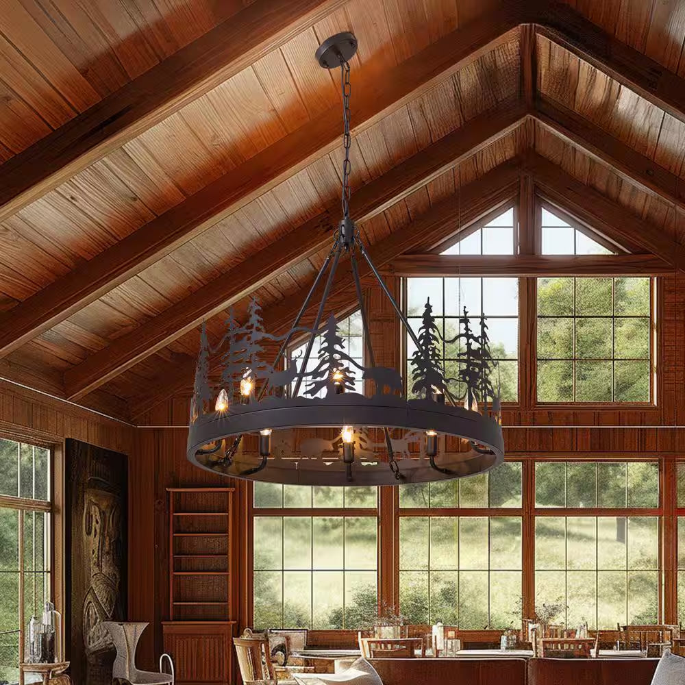 Christmas-Themed 30 In. 8-Light Matte Black Farmhouse Chandelier Pendant with Moose and Forest Design for Kitchen Island