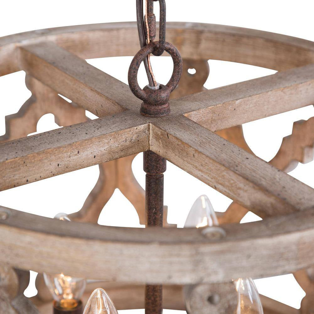 Rustic Bronze Farmhouse Drum Island Chandelier with Solid Wood Cage Shade Classic Candlestick Chandelier 4-Light Pendant