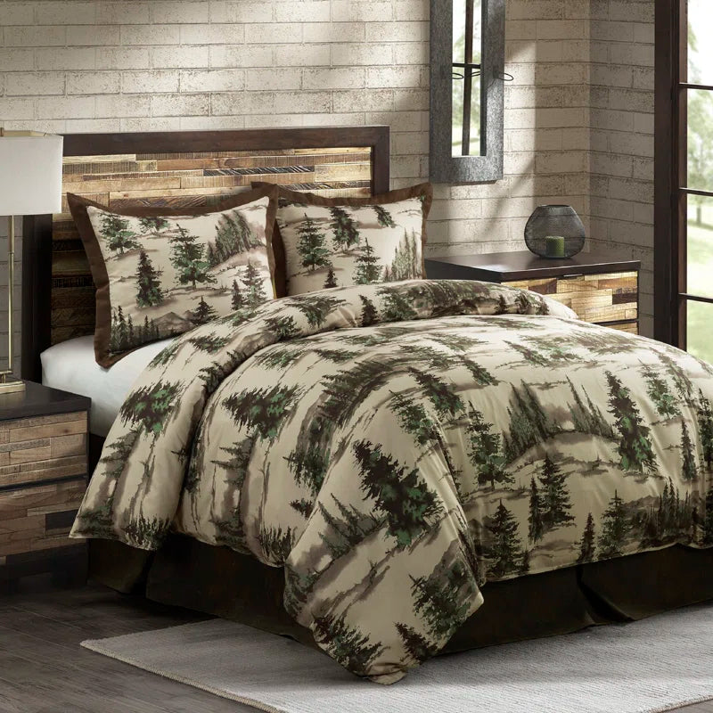 Joshua Cream, Green and Brown Pine Tree Print Western Lodge Rustic Cabin Cotton Comforter Set