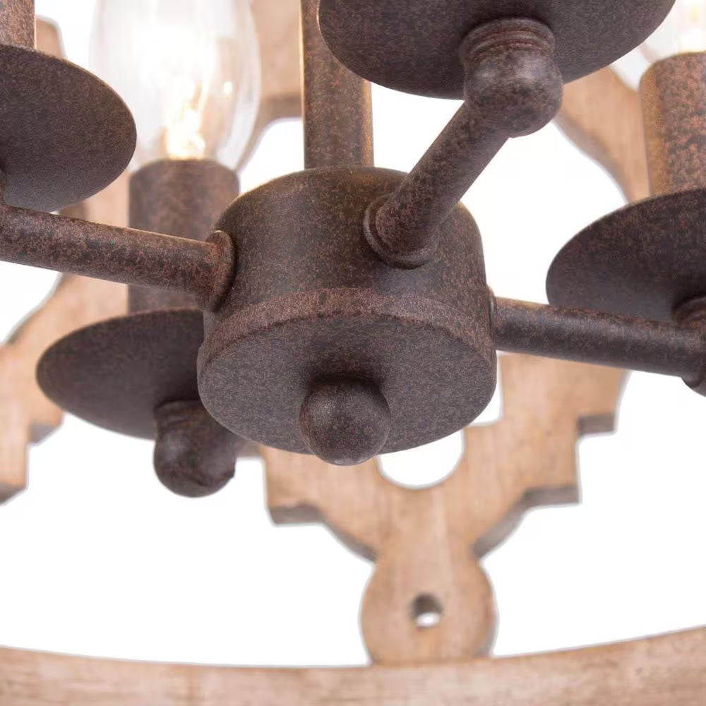 Rustic Bronze Farmhouse Drum Island Chandelier with Solid Wood Cage Shade Classic Candlestick Chandelier 4-Light Pendant