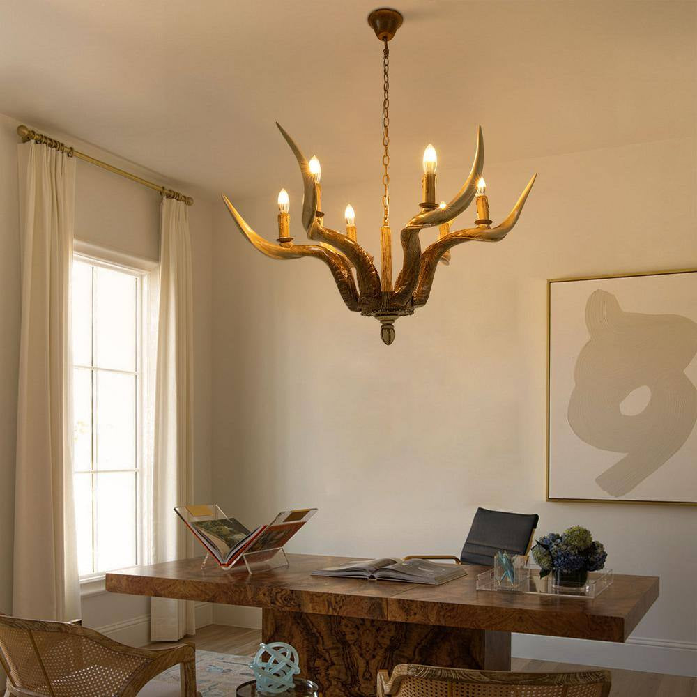 6-Light Brown Vintage Rustic Antler Chandelier with Adjustable Height for Living Room Dining Room, No Bulbs Included