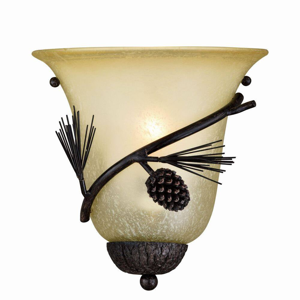 Sierra 1-Light Bronze Rustic Pinecone Half Moon Wall Sconce Cream Glass