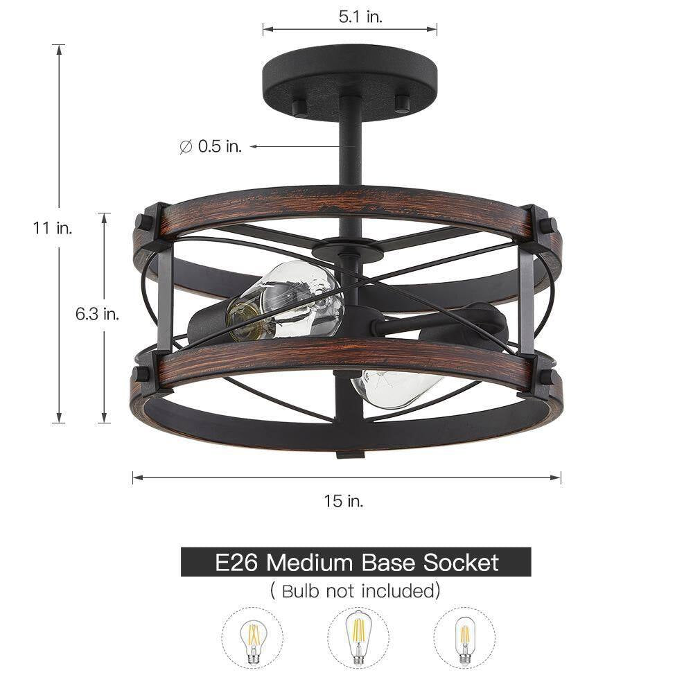 Richwood 15 In. 2-Light Black and Vintage Wood Rustic Semi-Flush Mount Ceiling Light