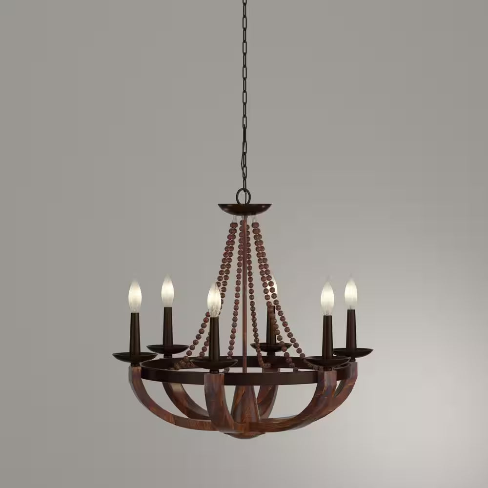 Adan 6-Light Rustic Iron/Burnished Wood Beaded Candlestick Hanging Chandelier with Carved Wood Bead Details