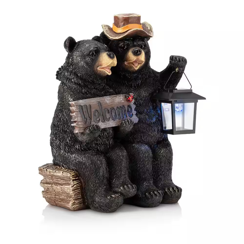 15 In. Tall Outdoor Bear Couple with Lantern and Welcome Sign Statue with Solar LED Light Yard Art Decoration