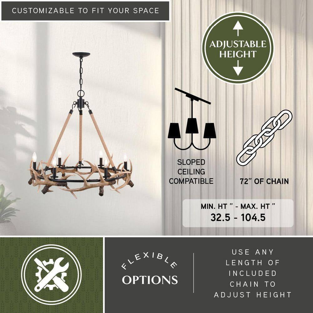 Breckenridge 6-Light Bronze Rustic Antler Chandelier Natural Rope Accent