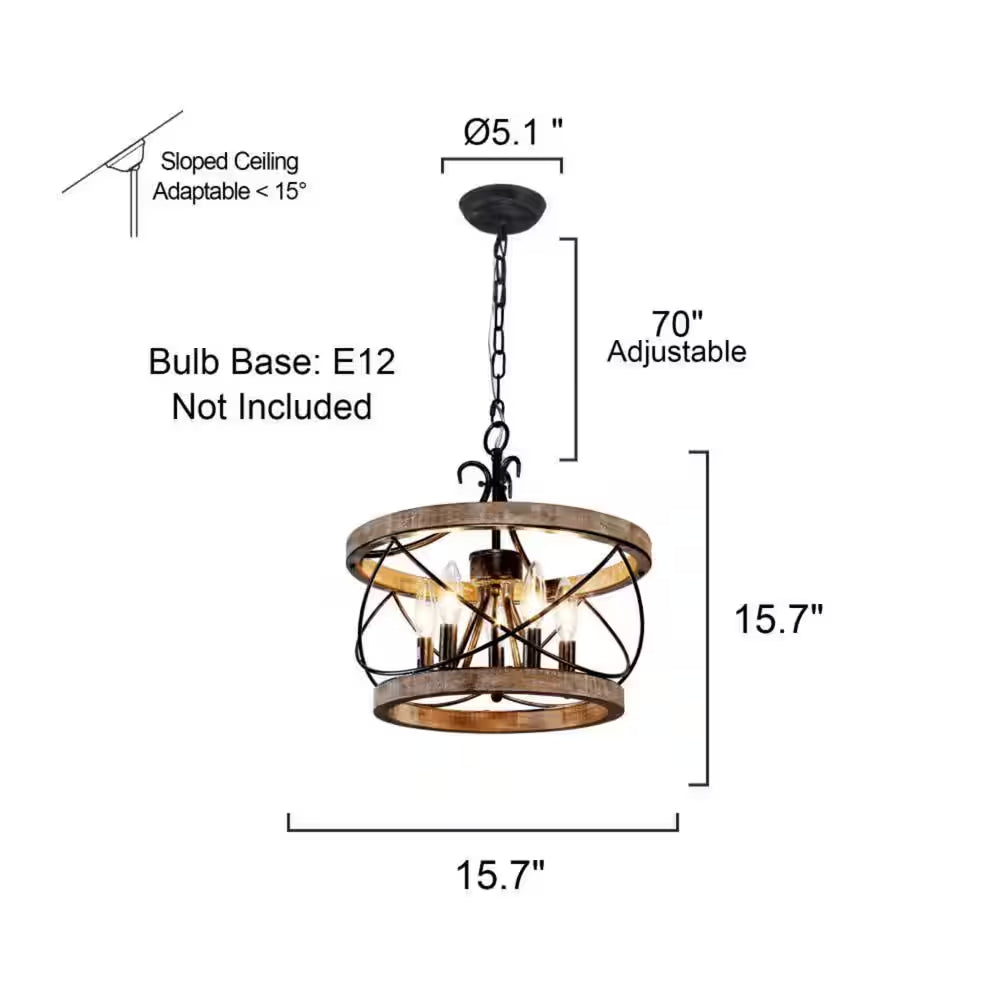 Farmhouse 5-Light Weathered Wood Cage Rustic Chandelier, Adjustable Height Industrial Pendant Dining Room Ceiling Light