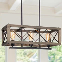 Lámpara de araña de madera rústica de 3 luces, estilo rústico, estilo lineal, rectangular, para comedor, cocina, isla, color negro